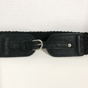 New York and faux Leather and Braided Elastic Stretch Belt Silver Toned Hardware